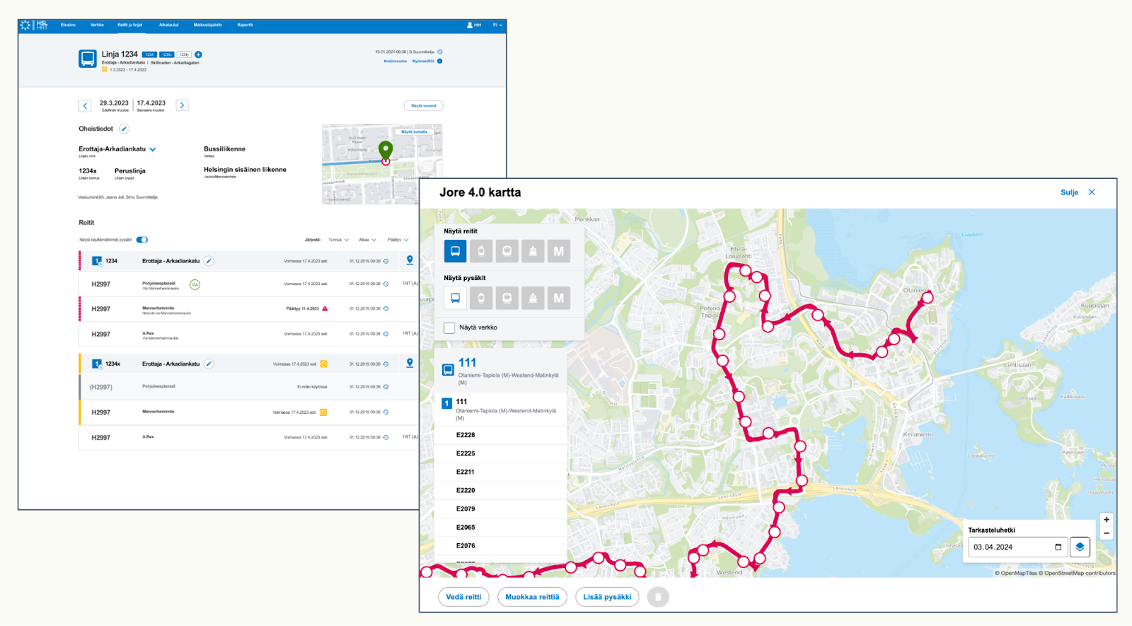 Two views of the web service JORE4. One displays a bus route as a list of stops, the second one on a map, meandering as a line through stops and neighbourhoods.